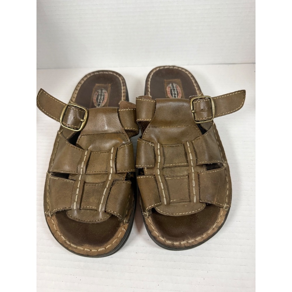 Rugged Outsole Brown Leather Woven Strap Comfort Sandals Women's Size 9.5